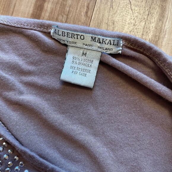Alberto Makali Tan Stretchy Long Sleeve Rhinestone Shirt Glam Bling Size‎ M - Picture 7 of 8